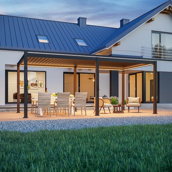 Titan Series 10 ft. x 20 ft. Brown LED Aluminized Steel Louvered Pergola Modern Outdoor Pergola with Adjustable Roof