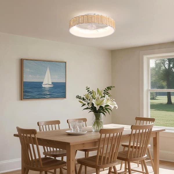 20 in. Indoor White Boho Flush Mount Rattan Ceiling Fan with Light and Remote, Dimmable Low Profile Ceiling Fan