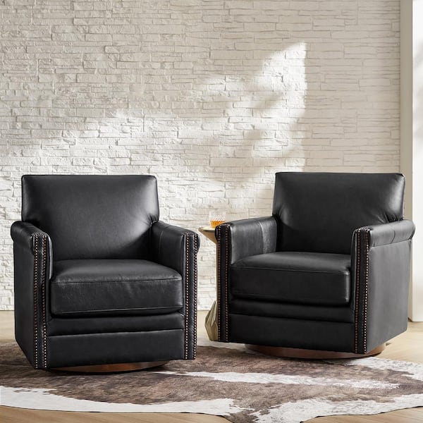 JAYDEN CREATION Shelbi Black 29.5 in. Mid-century Modern Genuine Leather Swivel Arm Chair with Solid Wood Base Set of 2