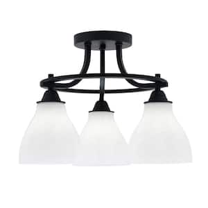 Madison 15.25 in. 3-Light Matte Black Semi-Flush Mount with White Marble Glass Shade