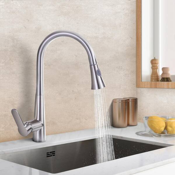 Satico Single Handle Gooseneck Pull Down Sprayer Kitchen Faucet in Brushed Nickel NB60008F