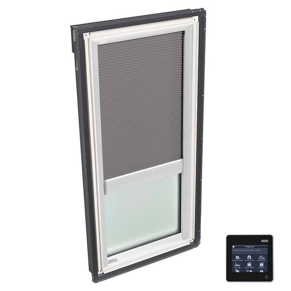 VELUX 30-1/16 in. x 45-3/4 in. Fixed Deck-Mount Skylight with Tempered Low-E3 Glass, Grey Solar Powered Room Darkening Blind