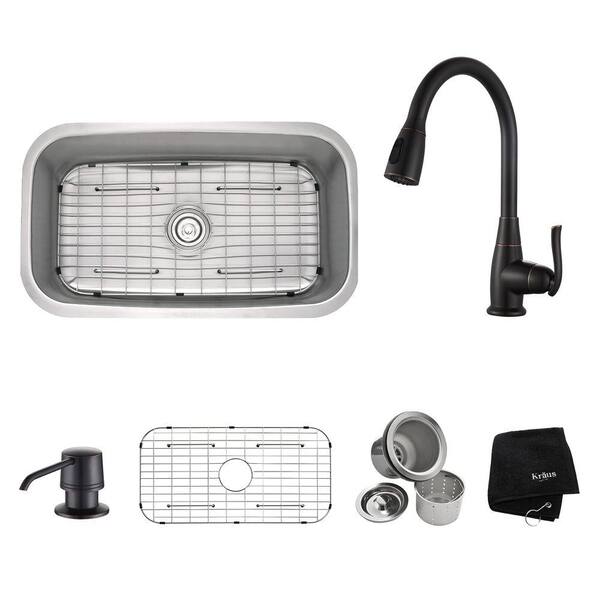 KRAUS All-in-One Undermount Stainless Steel 32 in. Single Basin Kitchen Sink with Faucet and Accessories in Oil Rubbed Bronze