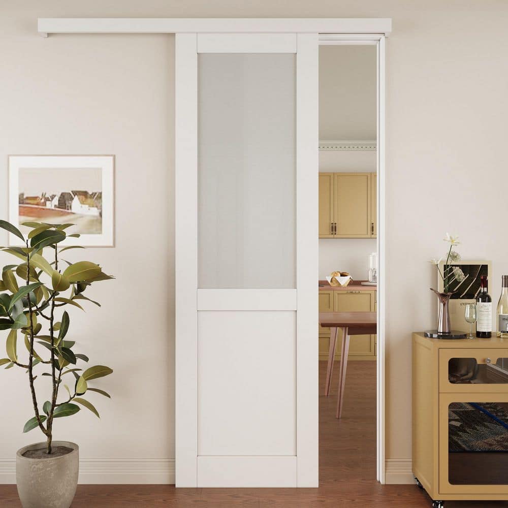 30 in. x 96 in. Hidden Track Style 1/2 Lite Frosted Glass White Primed MDF Sliding Barn Door with Hardware Kit price history on PriceWatchPro