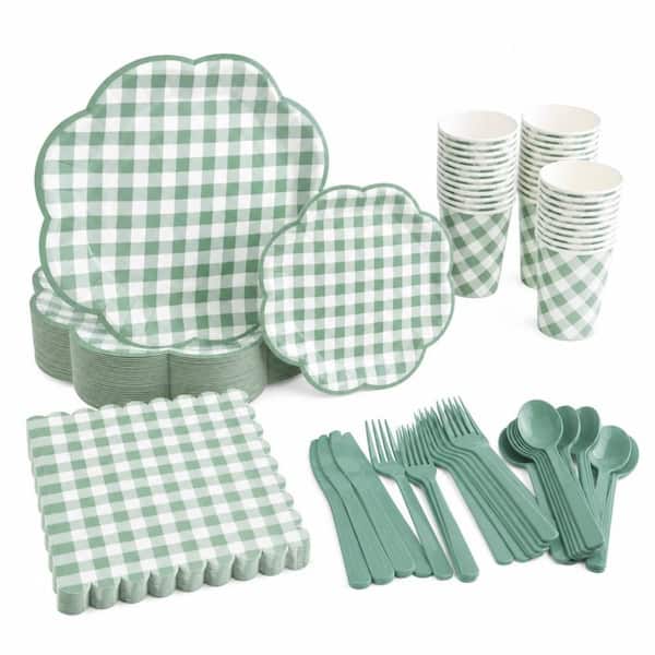Gingham 9 fl. oz. Green Paper Disposable Waterproof Dinnerware, Spring Picnic BBQ Party Supplies Set of 175