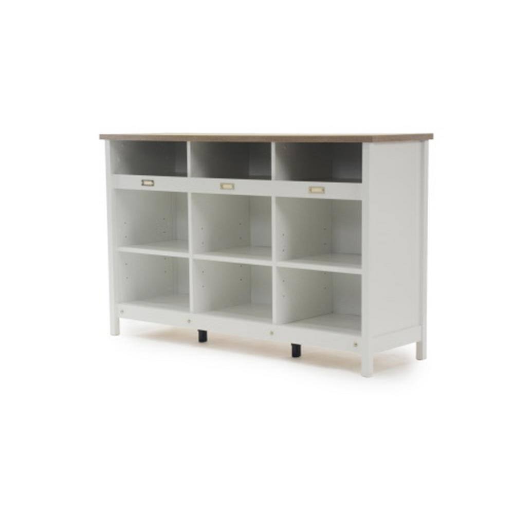 Soft White Adjustable 9-Cubby Storage Unit with Oak Accent