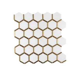 Karats White 10.625 in. x 11.125 in. Hexagon Polished Marble/Gold Metal Floor and Wall Mosaic Tile (8.21 sq. ft./Case)