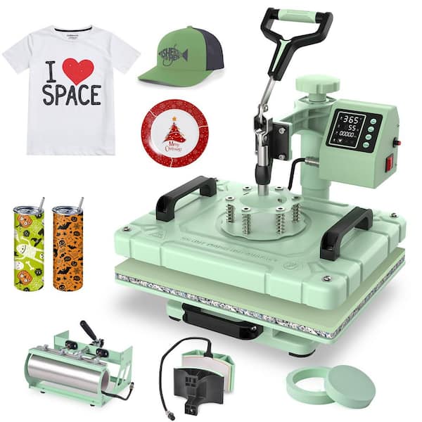 5 in 1 Green T-Shirt Heat Press Machine 12x15 Inch 360° Swing Away Digital with 30 oz. Tumbler Attachment