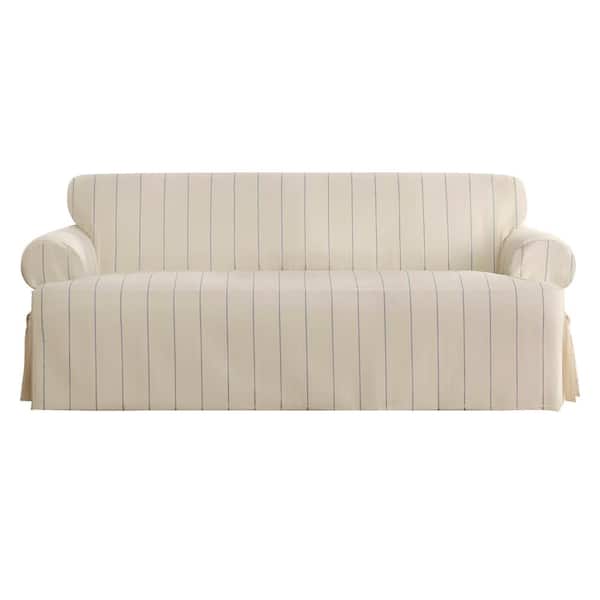 Sure-Fit Heavyweight Natural with Blue Stripe Cotton Duck T-Cushion Sofa Slipcover
