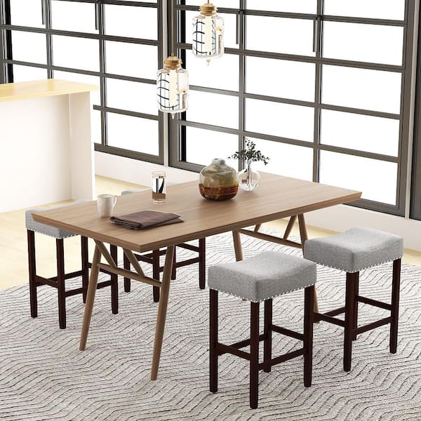 25 in. Gray Set of 4 Bar Stools Counter Height Saddle Kitchen Chairs w/Wooden Legs