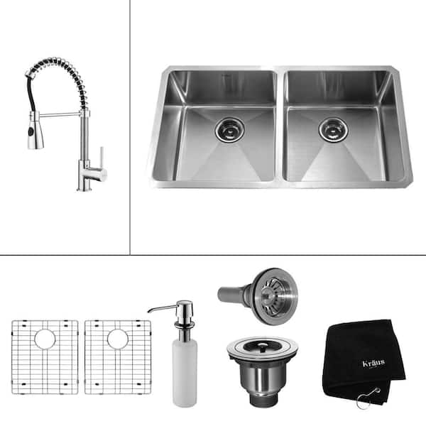 KRAUS All-in-One Undermount Stainless Steel 33 in. 50/50 Double Bowl Kitchen Sink with Faucet and Accessories in Chrome