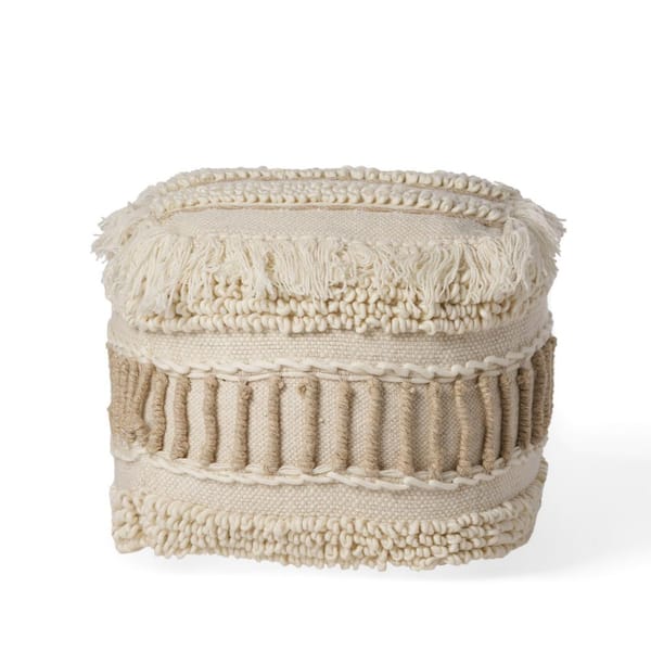 Noble House Leif Ivory and Beige Handcrafted Fabric Cube Pouf