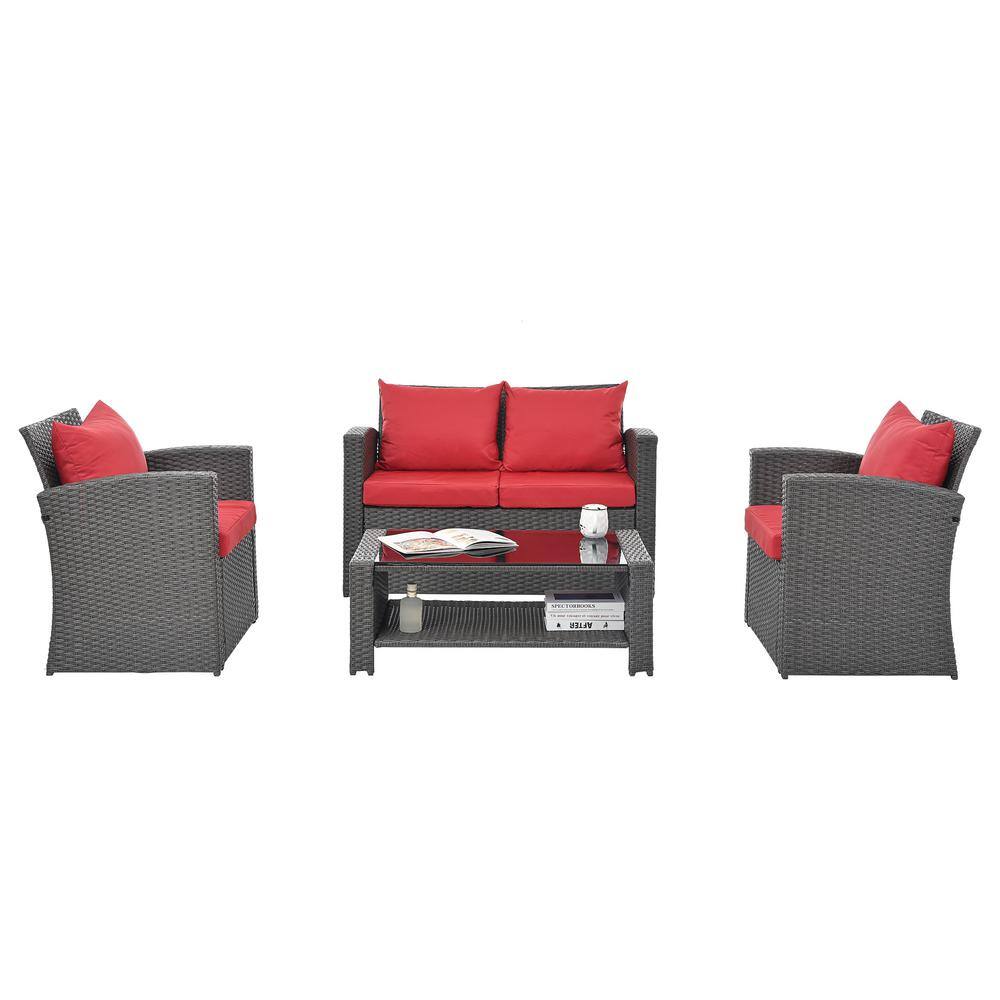 4-Piece Wicker Patio Conversation Set with Red Cushions and Tempered Glass Table price history on PriceWatchPro
