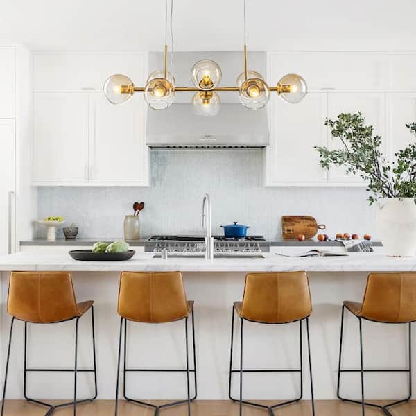 39.4 in. 8-Light Modern Brushed Gold Linear Chandelier with Open Gradient Brown Tinted Glass Globes Shade