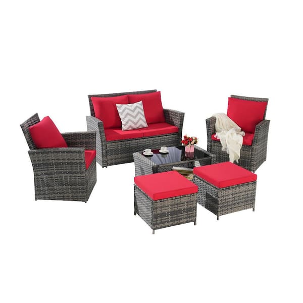 Tenleaf 6-Piece Wicker Outdoor Sectional Set with Red Cushions
