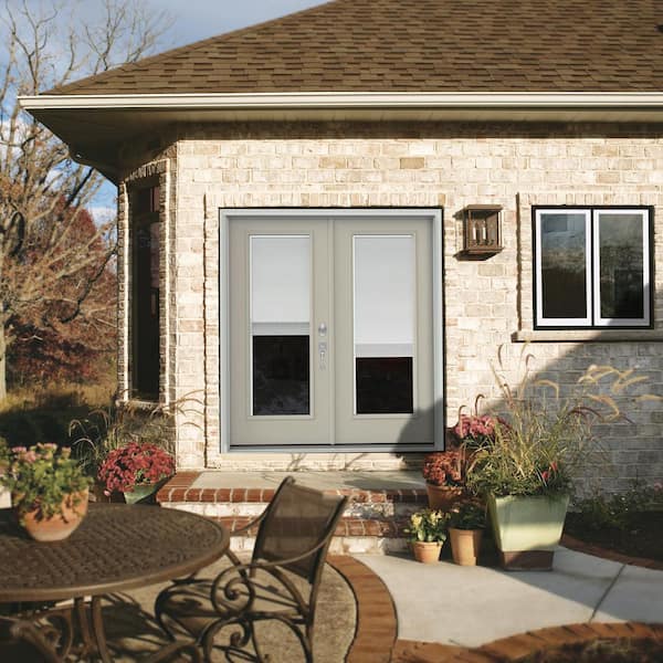 72 in. x 80 in. Desert Sand Painted Steel Left-Hand Inswing Full Lite Glass Active/Stationary Patio Door w/Blinds