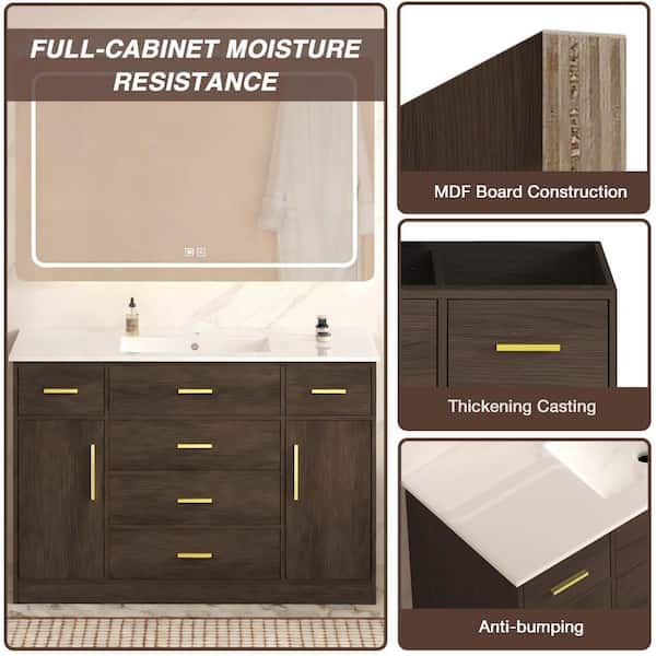 48 in. Single Sink Dark Brown Bath Vanity with White Resin Top, 2-Soft Close Doors and 6-Drawers (Self Assembly Needed)