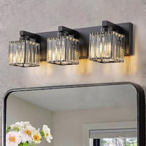 Orillia 19.7 in. 3-Light Black Bathroom Vanity Light with Crystal Shades