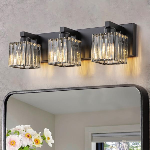 EDISLIVE Orillia 19.7 in. 3-Light Black Bathroom Vanity Light with Crystal Shades
