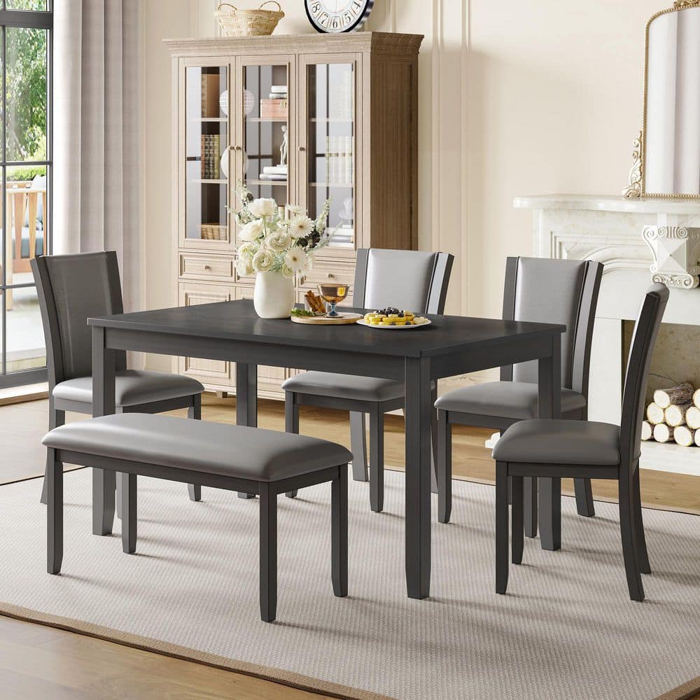 Delora Modern 6-Piece Rectangle Dining Table Set with Faux Leather Upholstered Chairs and Bench, Grey price history on PriceWatchPro