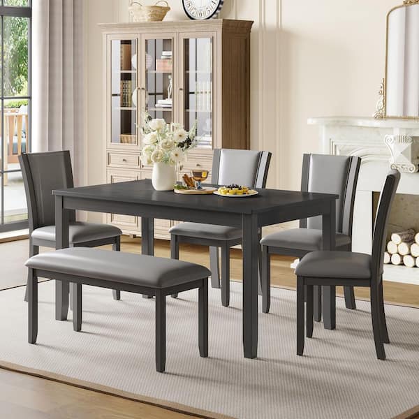 Delora Modern 6-Piece Rectangle Dining Table Set with Faux Leather Upholstered Chairs and Bench, Grey