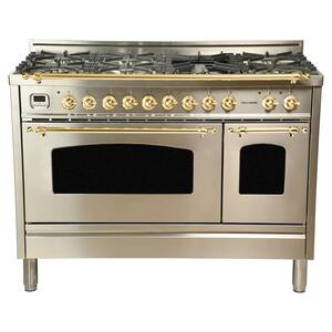 48 in. 5.0 cu. ft. Double Oven Dual Fuel Italian Range True Convection,7 Burners, Griddle,Brass Trim in Stainless Steel