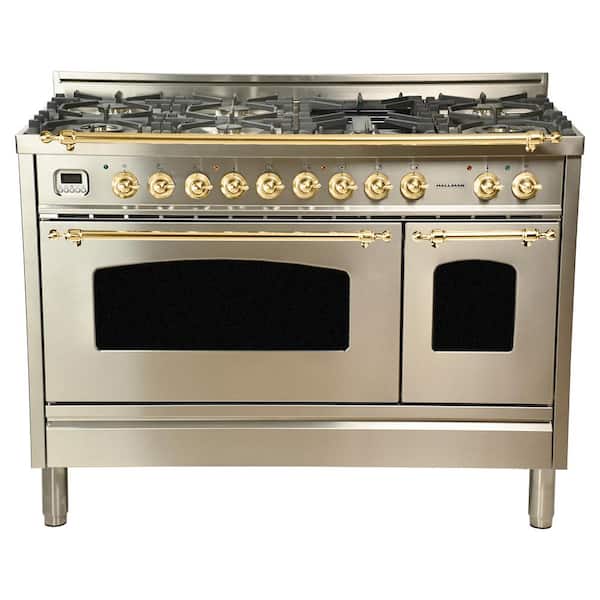 Hallman 48 in. 5.0 cu. ft. Double Oven Dual Fuel Italian Range True Convection,7 Burners, Griddle,Brass Trim in Stainless Steel