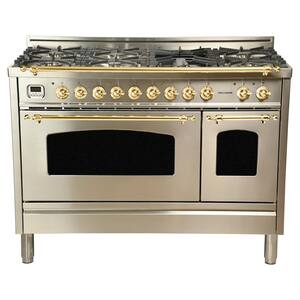 48 in. 5.0 cu.ft. Double Oven Dual Fuel Italian Range True Convection,7 Burners,Griddle,LPGas,Brass Trim/Stainless Steel