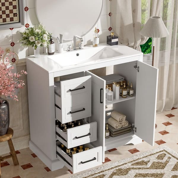 36 in. Single Sink Freestanding White Bath Vanity with White Ceramic Top and 3 Drawer Storage Cabinet Unassembled