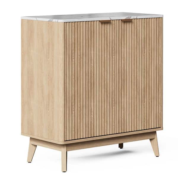 Cabinson Natural Oak 31.5 in. W x 15.75 in. D x 34.45 in. H Pantry Sideboard Buffet Cabinet Faux Stone Finish Top 2-Door