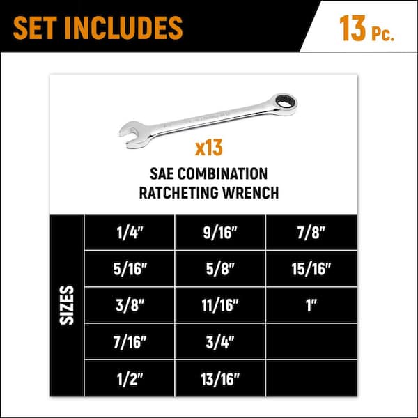 SAE 72-Tooth Combination Ratcheting Wrench Tool Set (13-Piece)