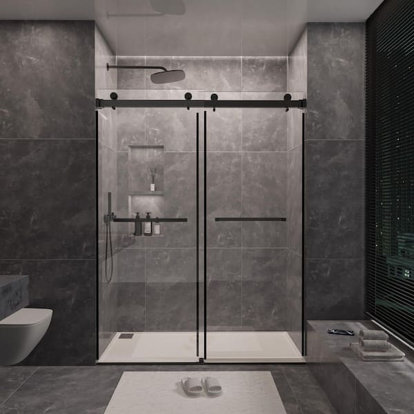 60 in. W x 80 in. H Sliding Frameless Shower Door in Matte Black with 3/8 in. Clear Glass