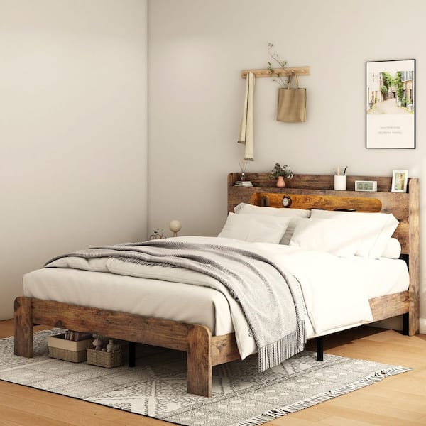 Brown Wood + Metal Frame Full Size Platform Bed with USB Port, Storage LED Light Headboard