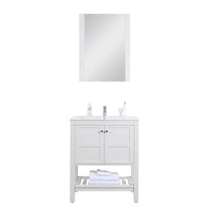 Manhattan 30 in. W x 18 in. D x 35 in. H Single Sink Bath Vanity in White with White Ceramic Top and Mirror