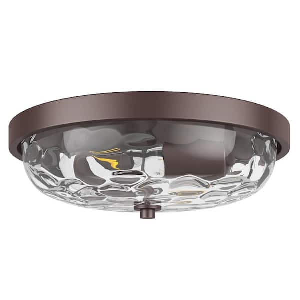 12.99 in. 2-Light Farmhouse Oil Rubbed Bronze Flush Mount Ceiling Light Fixture with Water Ripple Glass Shade