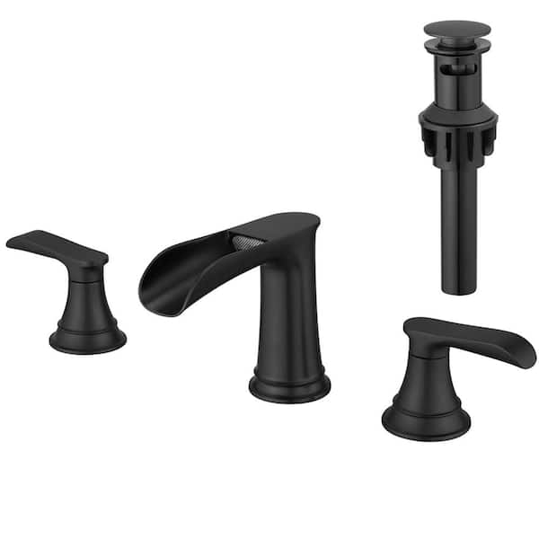 Dyiom Bathroom Faucets for Sinks Double Handle 3 Hole Black 8 in. Widespread Bathroom Sink Faucet with Pop-up Drain with Hose