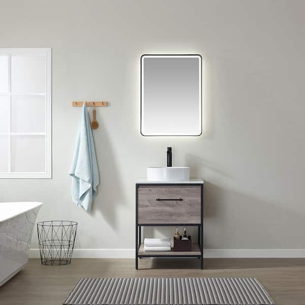 ROSWELL Murcia 24 in. W x 22.2 in. D x 35.6 in. H Single Sink Bath Vanity in Moxican Oak with White Grain Stone Top and Mirror