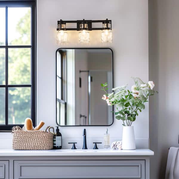 28 in. 3-Light Black and Gold Industrial Vanity Light with Water Glass Cylinders for Vanity Powder Room Dressing Room