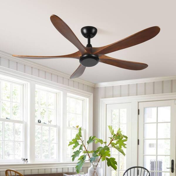62 in. Modern Black Noiseless Solid Wood Brown 5 Blades Downrod Mount Ceiling Fan with 3 Downrods and Remote