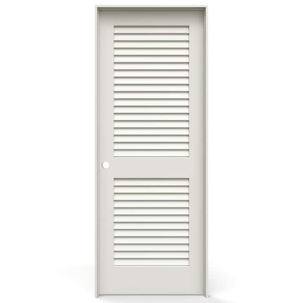 30 in. x 80 in. 2 Panel Louver Right-Handed Solid Core Primed Wood Single Prehung Interior Door w/ Satin Nickel Hinges