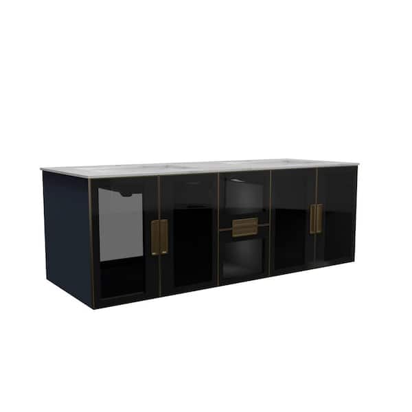 castellousa Solaria 60 in. W x 22 in. D x 20.9 in. H Single Floating Bath Vanity Blue in Gold Trim with White Porcelain Top