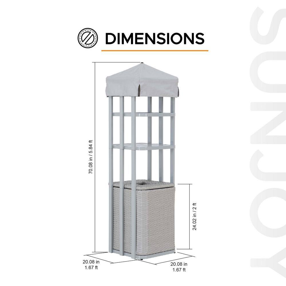 Gray Aluminum Pool Towel Valet Tower with Wicker Storage Basket