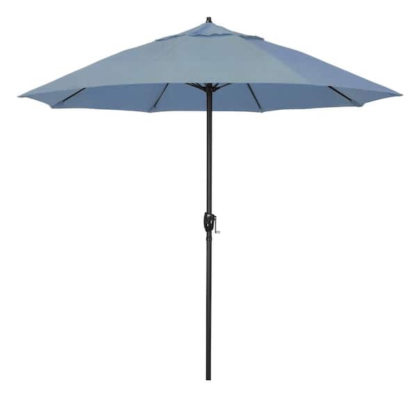 California Umbrella 9 ft. Bronze Aluminum Market Patio Umbrella with Fiberglass Ribs and Auto Tilt in Air Blue Sunbrella