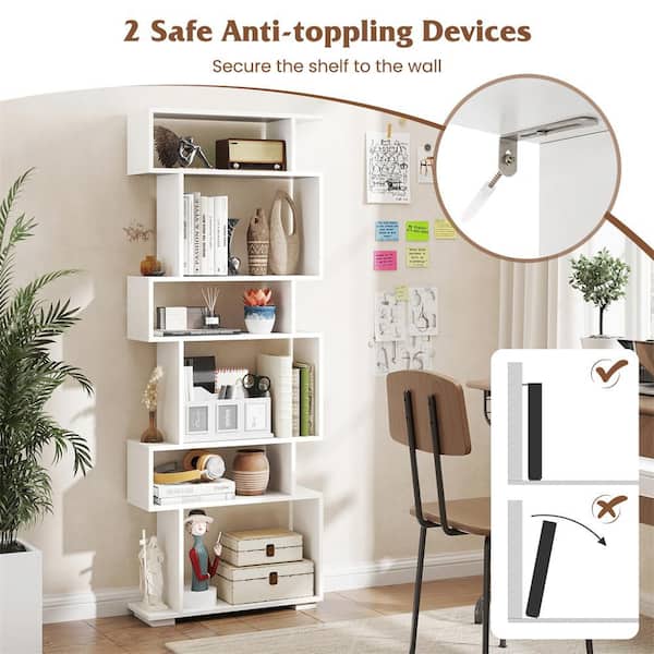HONEY JOY 6-tier S-shaped Bookshelf 64 in. Tall White Home Wood