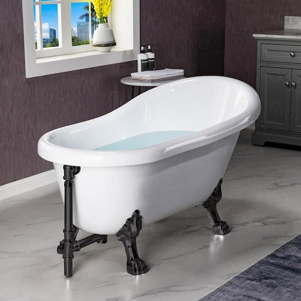 WOODBRIDGE Eurek 54" Heavy Duty Acrylic Slipper Clawfoot Bath Tub in White,Claw Feet,Drain and Overflow in Matte Black