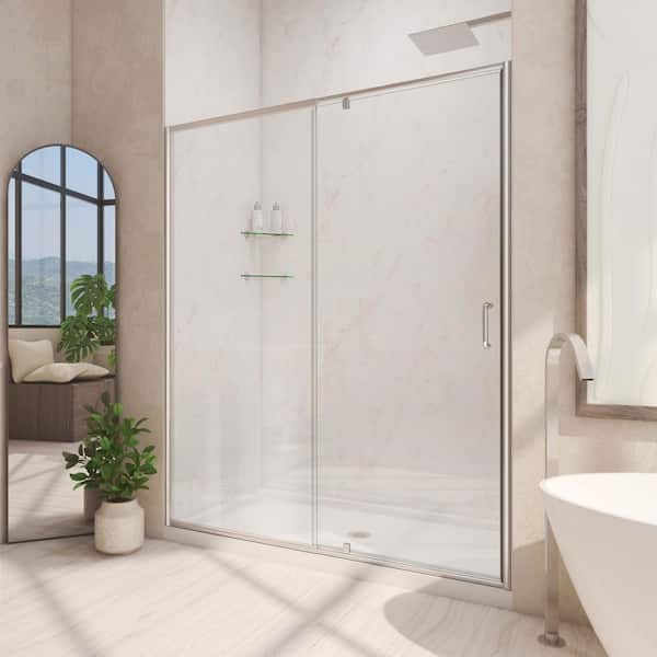DreamLine Flex 60 in. x 72 in. Semi-Frameless Pivot Shower Door in Brushed Nickel Finish with 60 in. x 34 in. Base in White