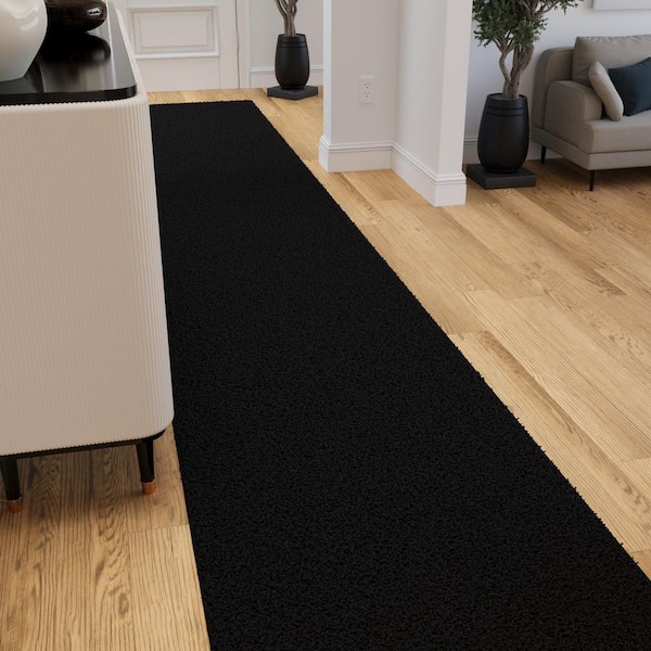 Cozy Plush Non-Slip Rubberback Soft Black 3 ft. x 23 ft. Indoor Custom Cut Extra Long Runner Rug
