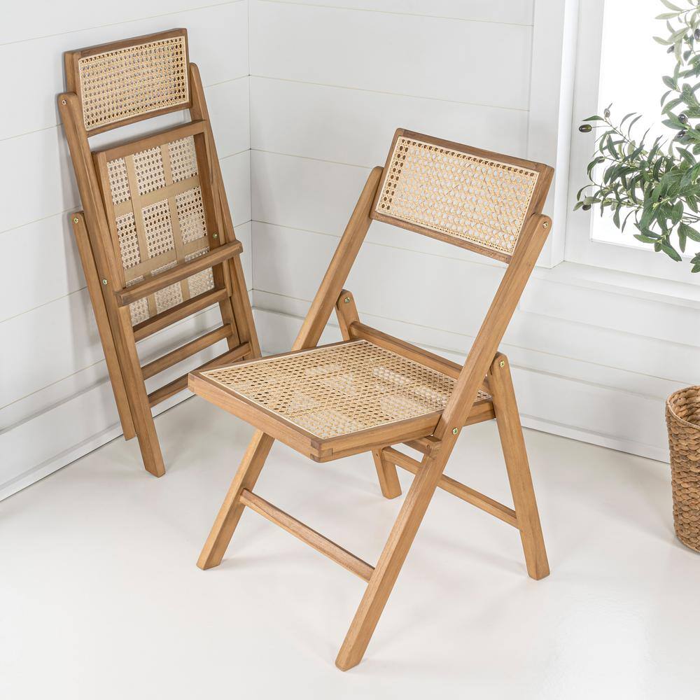 Theo Light Brown Wood and Rattan Folding Chairs, Set of 2