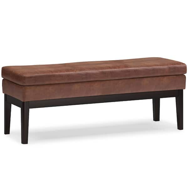 Simpli Home Carlson 45 in. Wide Mid Century Rectangle Ottoman Bench in Distressed Saddle Brown Faux Leather, Assembled