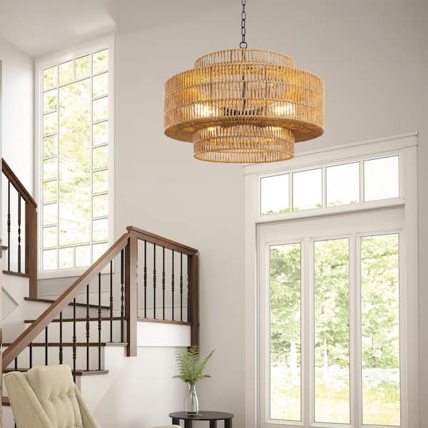 20" Large Rattan Chandelier 6-Light Coastal Vintage Farmhouse Hand-Woven Boho